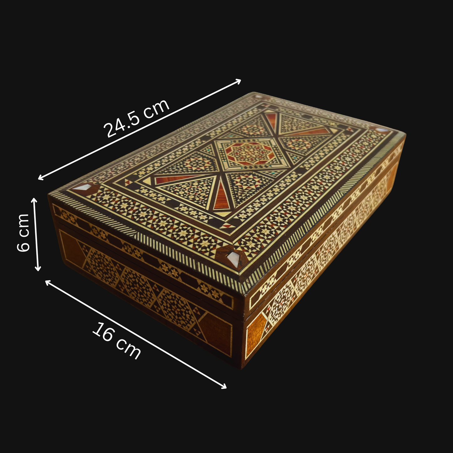 Scatola Porta Gioielli a Mosaico Damascata Vintage 1970 – Intarsio Orientale Artigianale con Madreperla