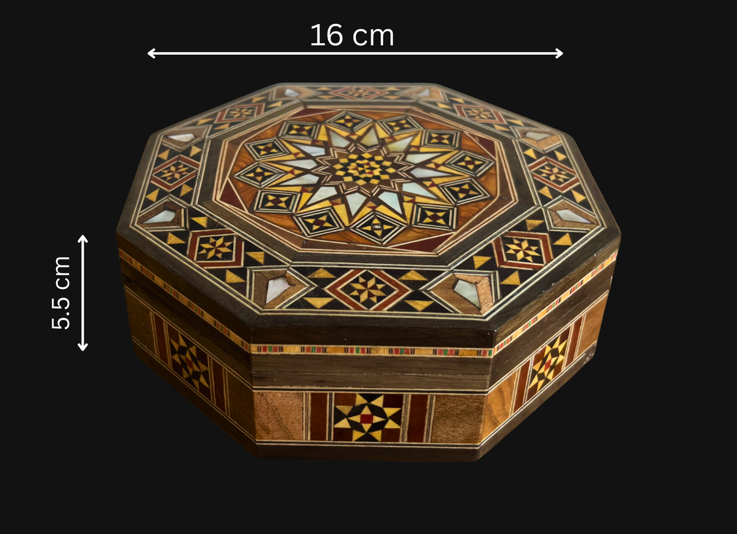 Elegante achthoekige Damascene mozaïekdoos – Handgemaakt hout met parelmoer inleg