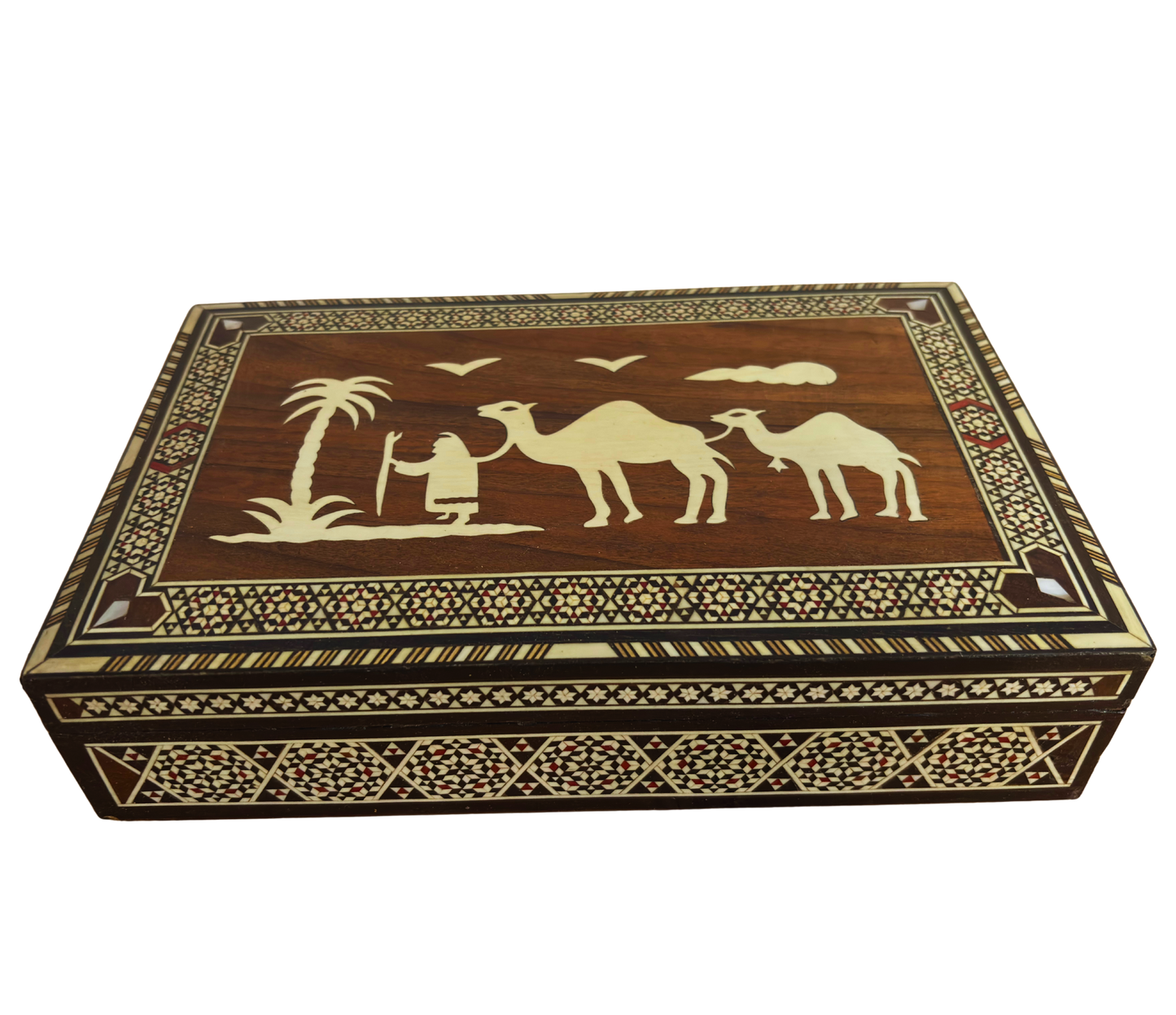 Rara Scatola a Mosaico Vintage del 1970 con Cammello – Arte Orientale Damascata Artigianale con Intarsio di Perla