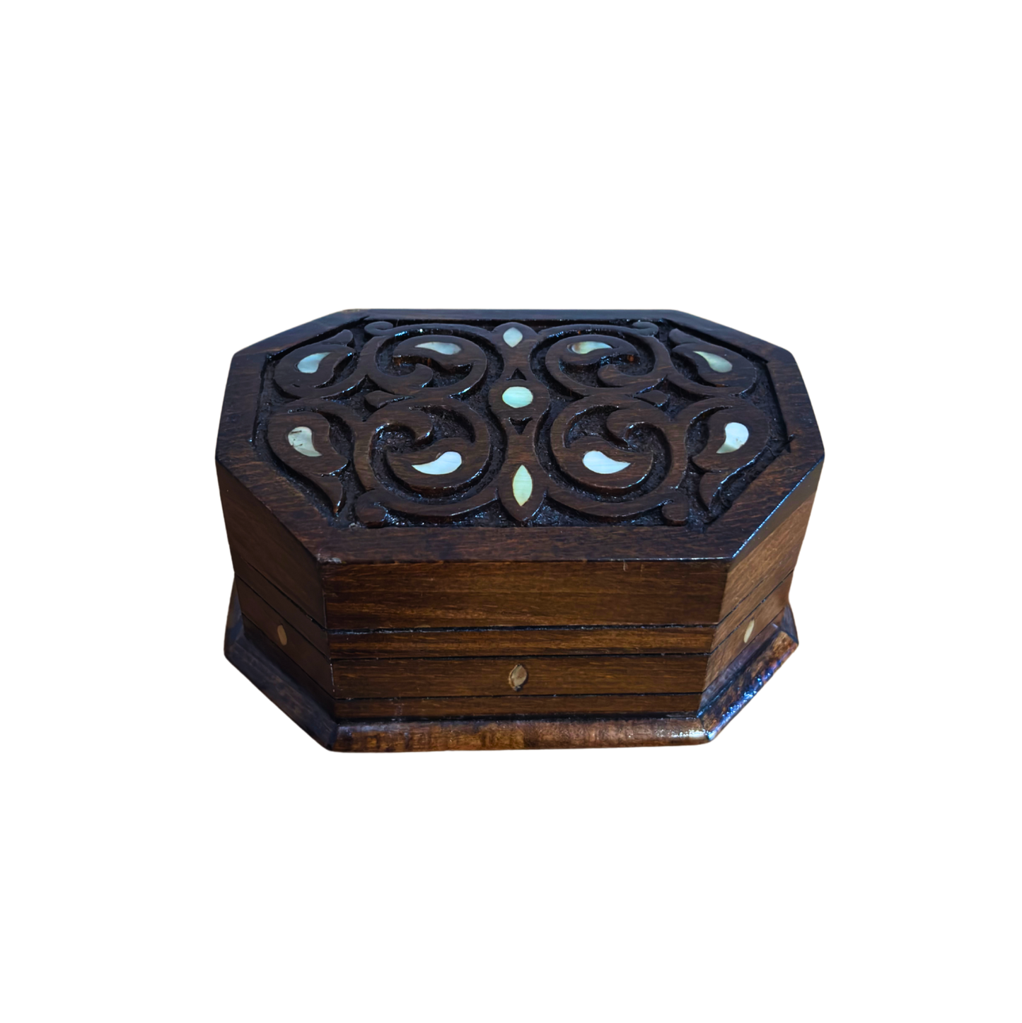 Boîte en Bois de Hêtre Sculptée à la Main avec Nacre – Finition Noyer Élégante
