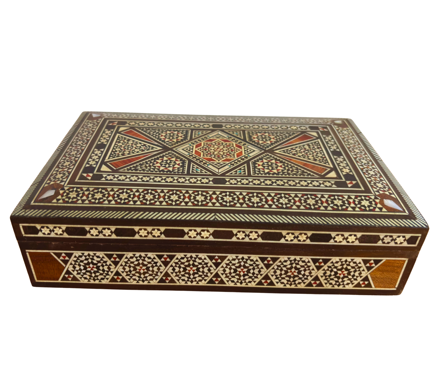 Scatola Porta Gioielli a Mosaico Damascata Vintage 1970 – Intarsio Orientale Artigianale con Madreperla