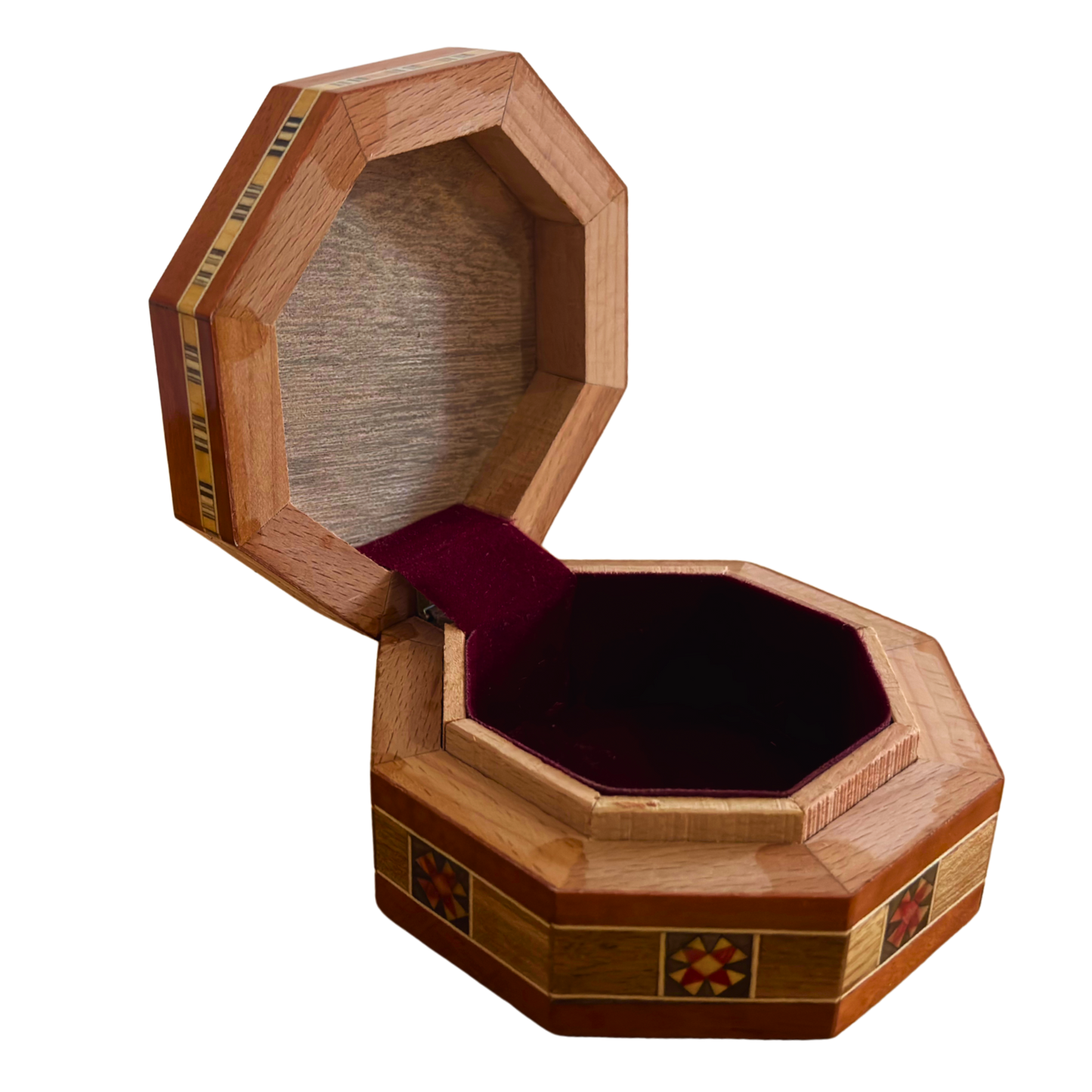 Scatola ottagonale damascata per gioielli – Legno artigianale con intarsi in madreperla in caldo terracotta rustico