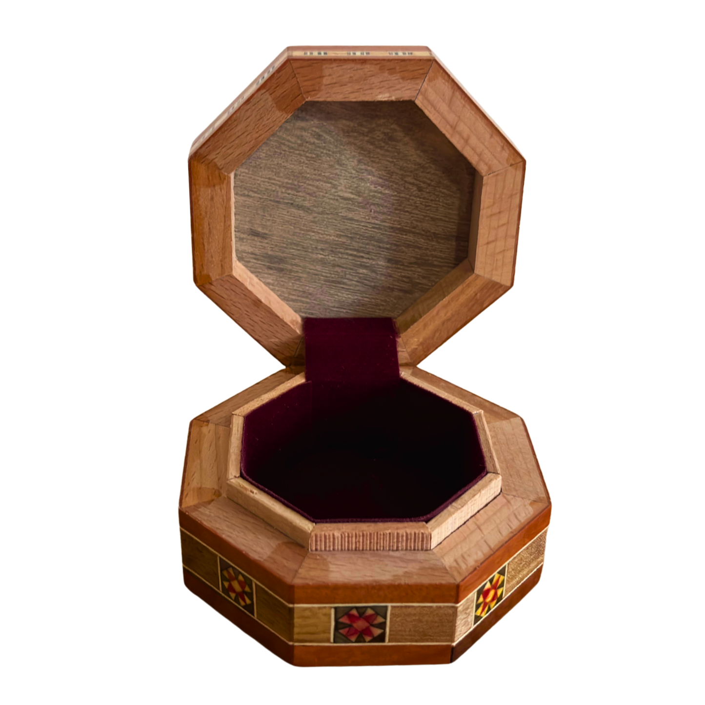 Scatola ottagonale damascata per gioielli – Legno artigianale con intarsi in madreperla in caldo terracotta rustico