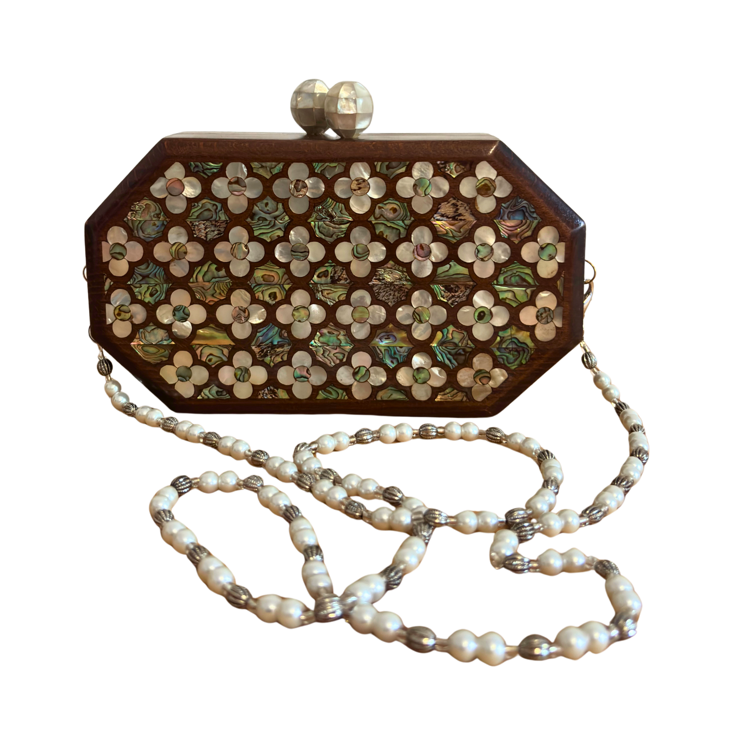Il Sussurro delle Rose – Pochette Damaschina in Noce con Rose in Madreperla e Catena di Perle