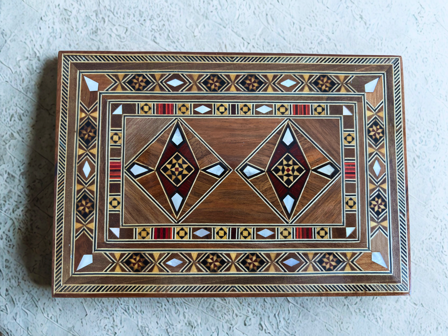 Scatola artigianale in mosaico per gioielli, intarsio in madreperla, elegante cofanetto in legno per ricordi, arte damascata -Edizione Limitata-