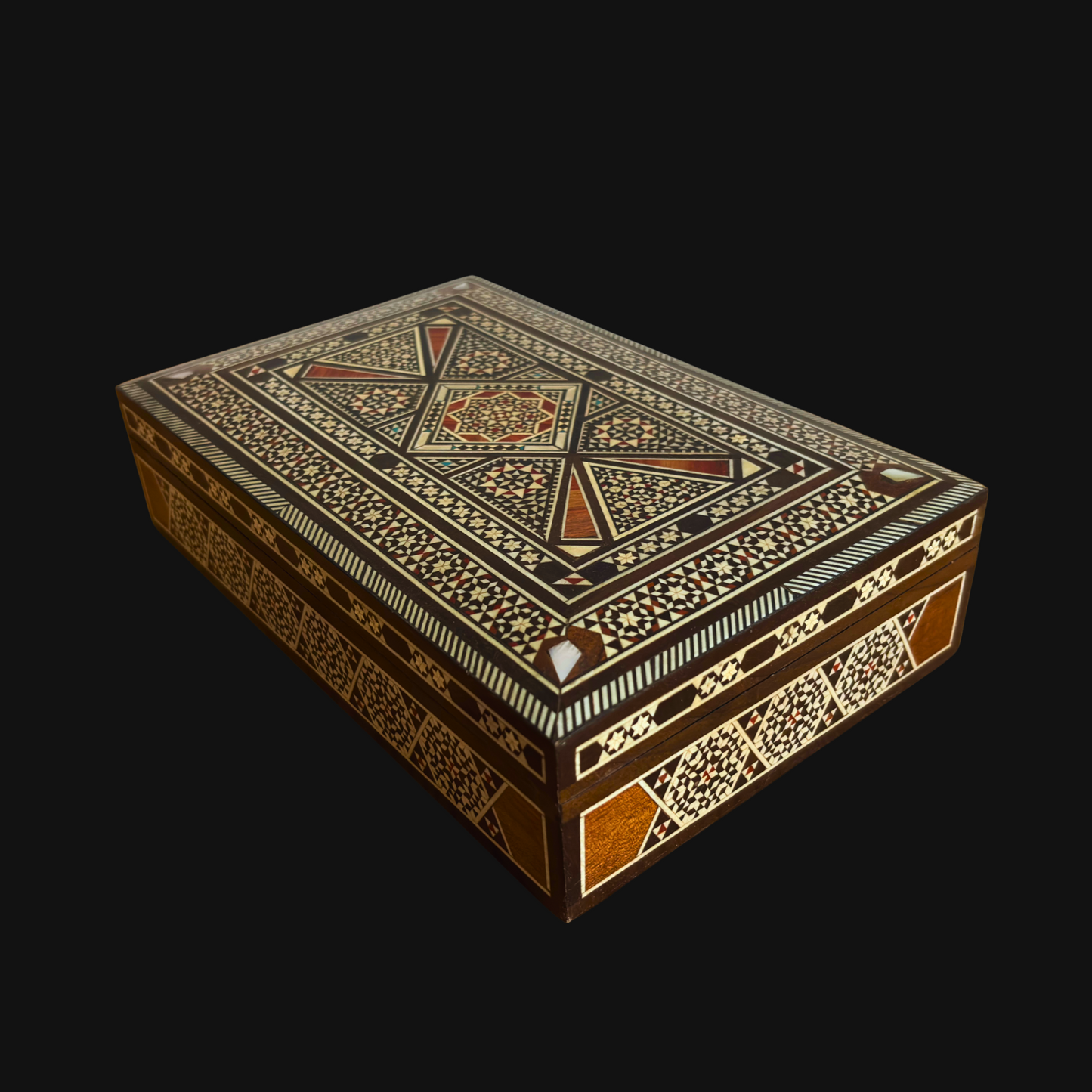 Scatola Porta Gioielli a Mosaico Damascata Vintage 1970 – Intarsio Orientale Artigianale con Madreperla
