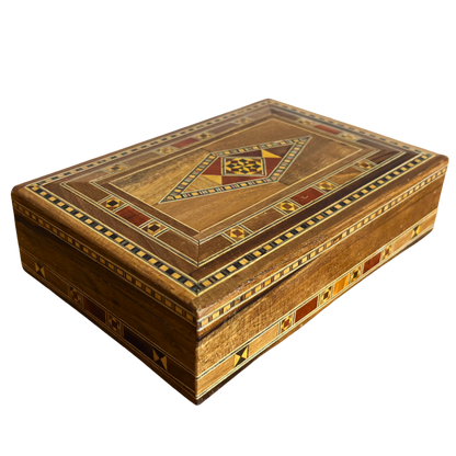 Elegante caja de joyas damasquina rectangular – Hecha a mano con madera de haya, eucalipto y limonero