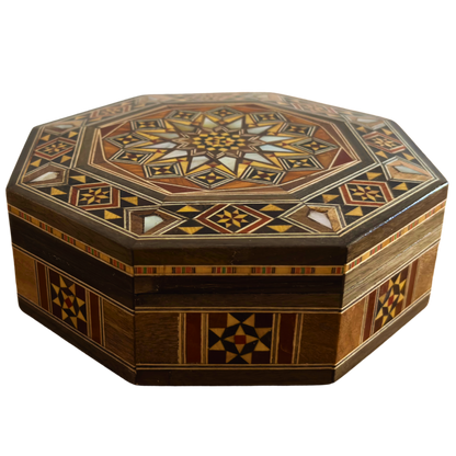 Elegante achthoekige Damascene mozaïekdoos – Handgemaakt hout met parelmoer inleg