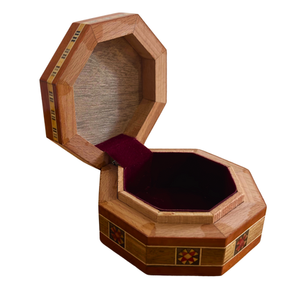 Scatola ottagonale damascata per gioielli – Legno artigianale con intarsi in madreperla in caldo terracotta rustico