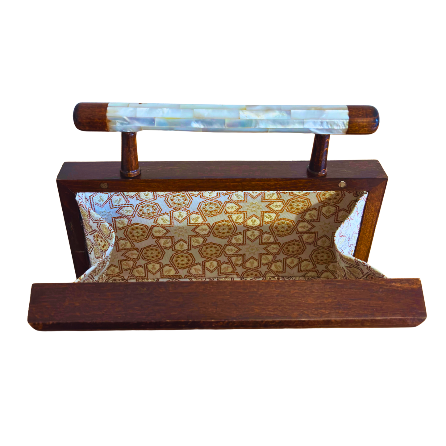 Zenobia – İnci Kakmalı & Brokar Astarı ile Lüks Dimaşk Mozaik Ahşap Clutch Çanta