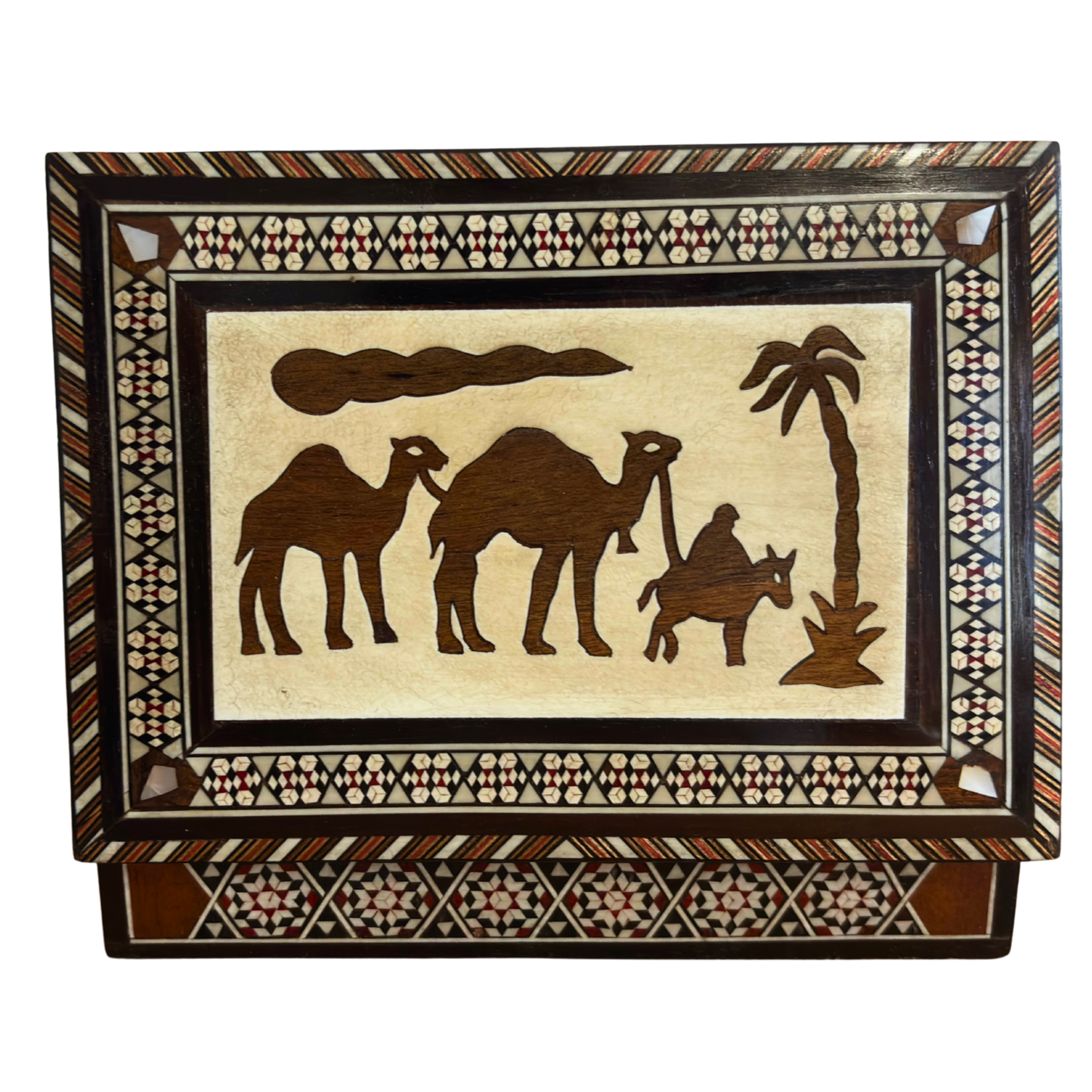 Scatola vintage per gioielli a mosaico con cammello – Arte damascata artigianale del 1970 con intarsio di madreperla