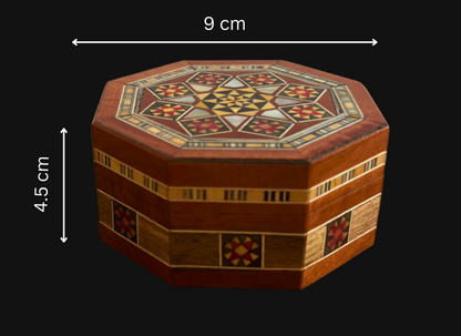 Scatola ottagonale damascata per gioielli – Legno artigianale con intarsi in madreperla in caldo terracotta rustico
