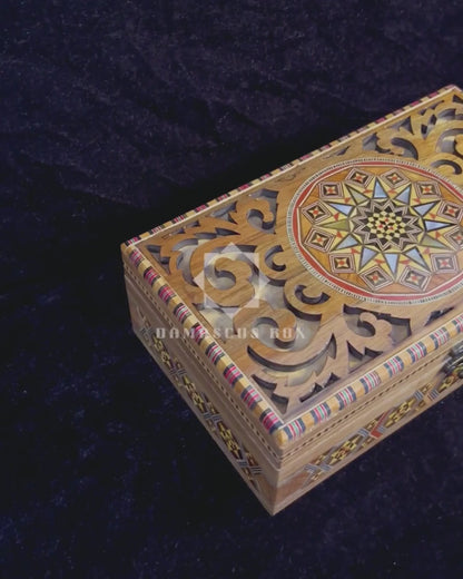 Handcrafted Damascene Mosaic Box – Mother of Pearl & Carved Elegance